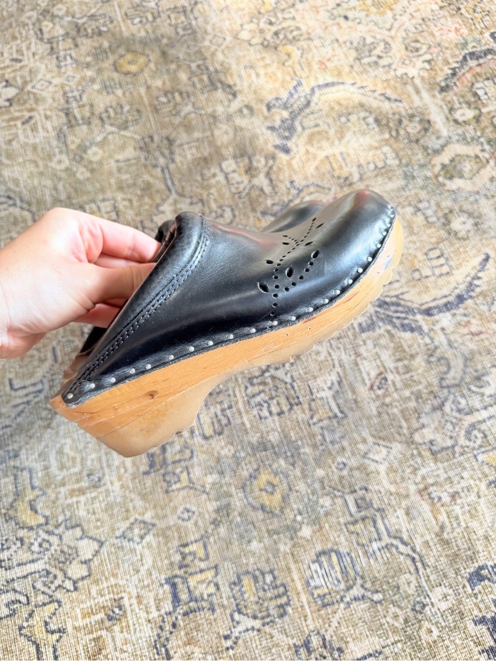 Black Leather Clog Mule with Tan Wood-Look Sole